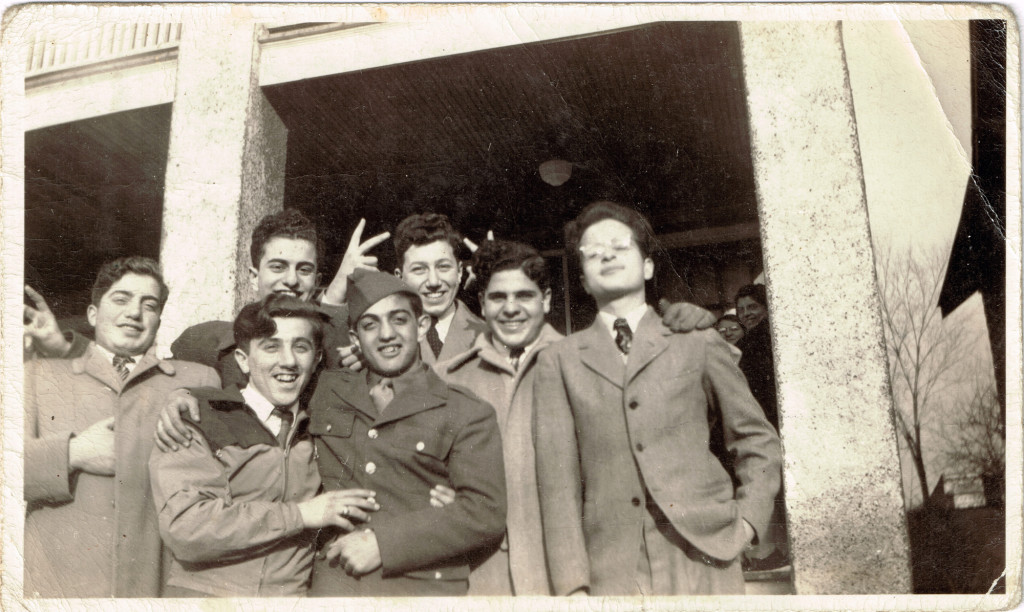 1943 Richard Terzian in uniform with friends at mother's house. Front row: Ed Kazanjian, John Avakian, Richard Terzian. Back row: unknown, Ralph Vartigan, Charlie Partamian, John Jevanian