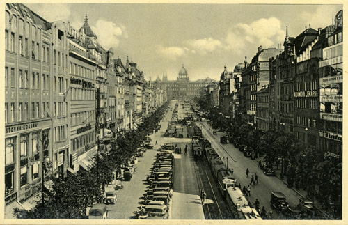 A postcard from the 1930s of Wenceslas Square, Prague