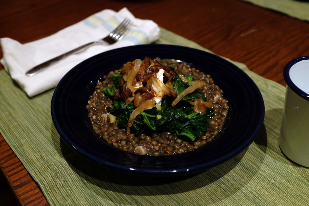 Lentils with gingery spinach